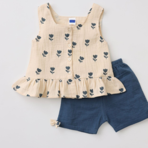 Beige Ruffled Top with Navy Print & Shorts