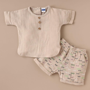Beige Button-Up Shorts Set