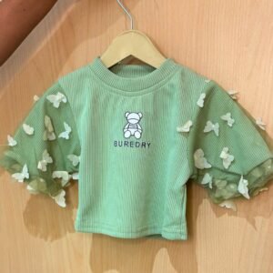 Butterfly Sleeve Green Ribbed T-shirt