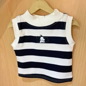 Striped Sleeveless Top with Cute Dog Embroidery