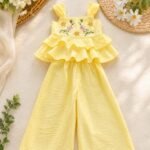 Lime Floral Embroidered Ruffle Top & Palazzo Set