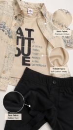 Beige Printed Overshirt with Graphic Tee & Black Shorts Set - Image 2