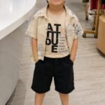 Beige Printed Overshirt with Graphic Tee & Black Shorts Set
