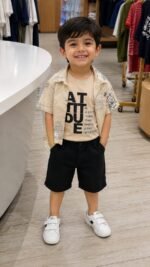Beige Printed Overshirt with Graphic Tee & Black Shorts Set