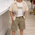 Beige Printed Overshirt with White Tee & Cargo Shorts Set