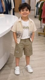 Beige Printed Overshirt with White Tee & Cargo Shorts Set