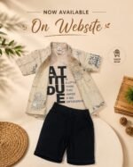 Beige Printed Overshirt with Graphic Tee & Black Shorts Set - Image 3