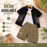 Black Printed Open Shirt with White Tee & Cargo Shorts Set - Image 3