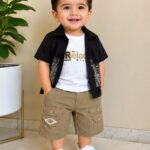 Black Printed Open Shirt with White Tee & Cargo Shorts Set