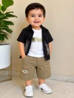 Black Printed Open Shirt with White Tee & Cargo Shorts Set