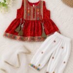 Red Embroidered Ethnic Kurti with White Patiala Salwar, Net Dupatta