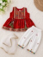Red Embroidered Ethnic Kurti with White Patiala Salwar, Net Dupatta