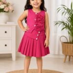 Girls Fuchsia Floral Appliqué Top & Pleated Skirt Set