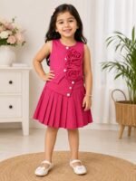 Girls Fuchsia Floral Appliqué Top & Pleated Skirt Set