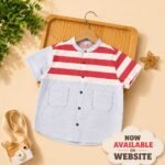 Red & Sky Blue Color Block Stripe Mandarin Collar Shirt