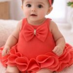 Coral Bloom Bow Party Dress Set With hair band & booties