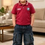 Boys Burgundy Polo T-Shirt with Dark Blue Cargo Denim Jeans Set