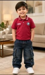 Boys Burgundy Polo T-Shirt with Dark Blue Cargo Denim Jeans Set