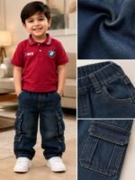 Boys Burgundy Polo T-Shirt with Dark Blue Cargo Denim Jeans Set - Image 2