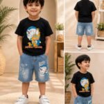 Garfield & Doraemon Graphic T-Shirt with Printed Denim Shorts Set