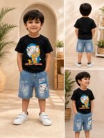 Garfield & Doraemon Graphic T-Shirt with Printed Denim Shorts Set