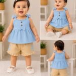 Sky Blue Bow Peplum Top & Frill Shorts Set