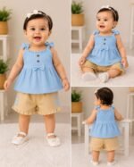 Sky Blue Bow Peplum Top & Frill Shorts Set