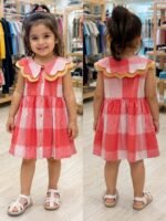 Coral Check Frill Collar Girls Dress