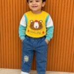 Happy Bear Colorblock Sweatshirt with Denim Jogger Set