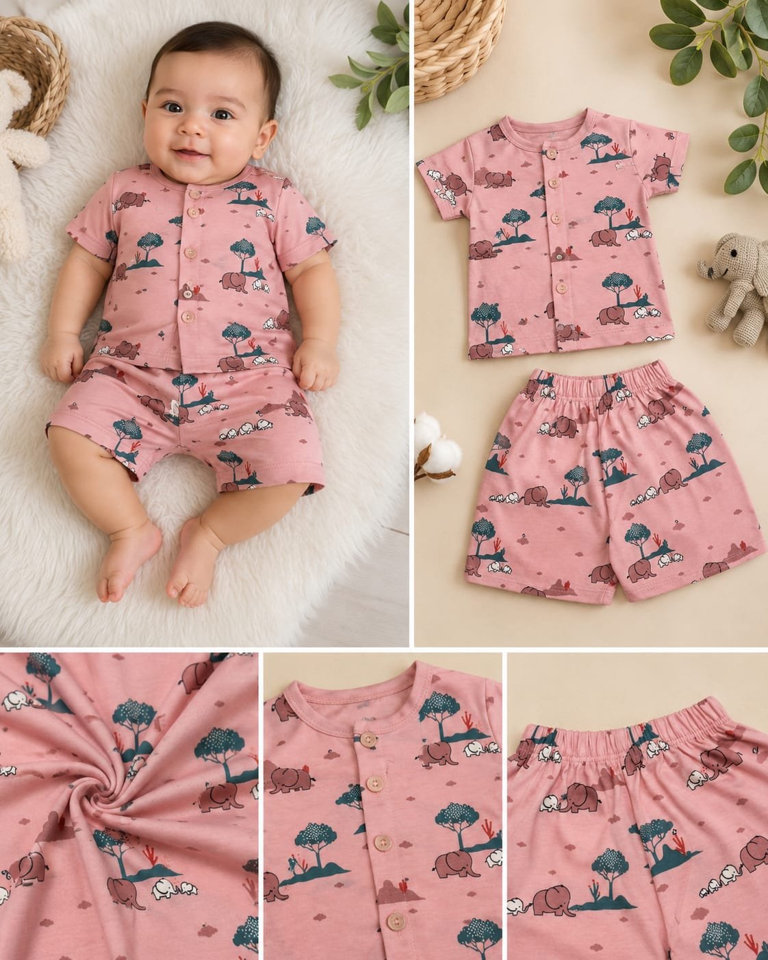 IMG_1038.jpeg Cucumber Safari Elephant Pink Cotton Co-ord Set - Image 1