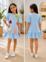 Bloom Buddies Appliqué Girls Dress – Sky Blue