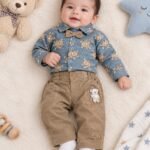 Baby Boy Teddy Bear Printed Long-Sleeve Shirt & Trousers Set with Bow Tie