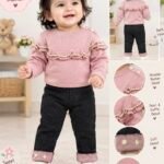 Blush Pearl Ruffle Sweater & Black Cuff Pants Set