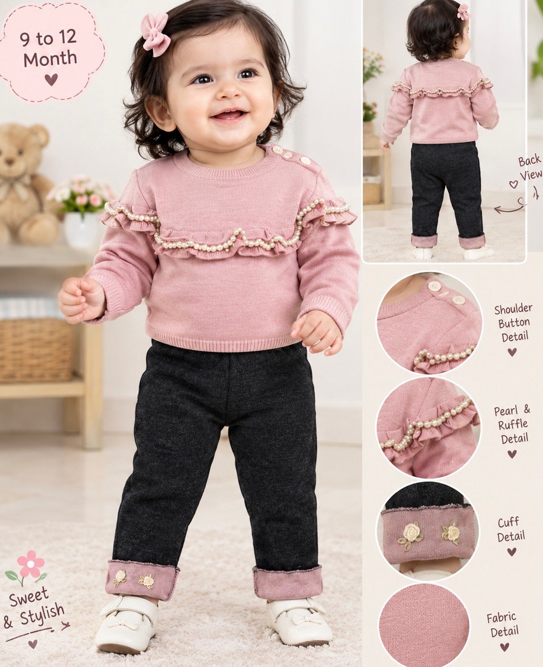 35C26632-9B8A-4913-B153-3672CBCFBB80.jpeg Blush Pearl Ruffle Sweater & Black Cuff Pants Set - Image 1