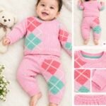 🌸 Pink Argyle Cozy Knit Baby Set Colour: Baby Pink with Peach & Mint Green Argyle Pattern
