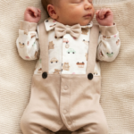 Newborn Boy Beige Suspenders & Bow Tie Printed Romper / Dungaree S
