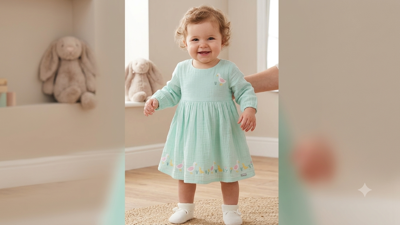 IMG_1247.png Baby / Toddler Duck-Embroidered Muslin Dress (or Gauze Frock). - Image 1