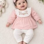 🌸 Pompidou Pink Floral Embroidered Baby Girl Set Brand: Pompidou Colour: Baby Pink & White Style: Embroidered Ruffle Top with White Leggings