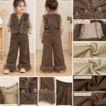 Girls' Premium Faux Fur Waistcoat with Ribbed Top and Wide-Leg Pants