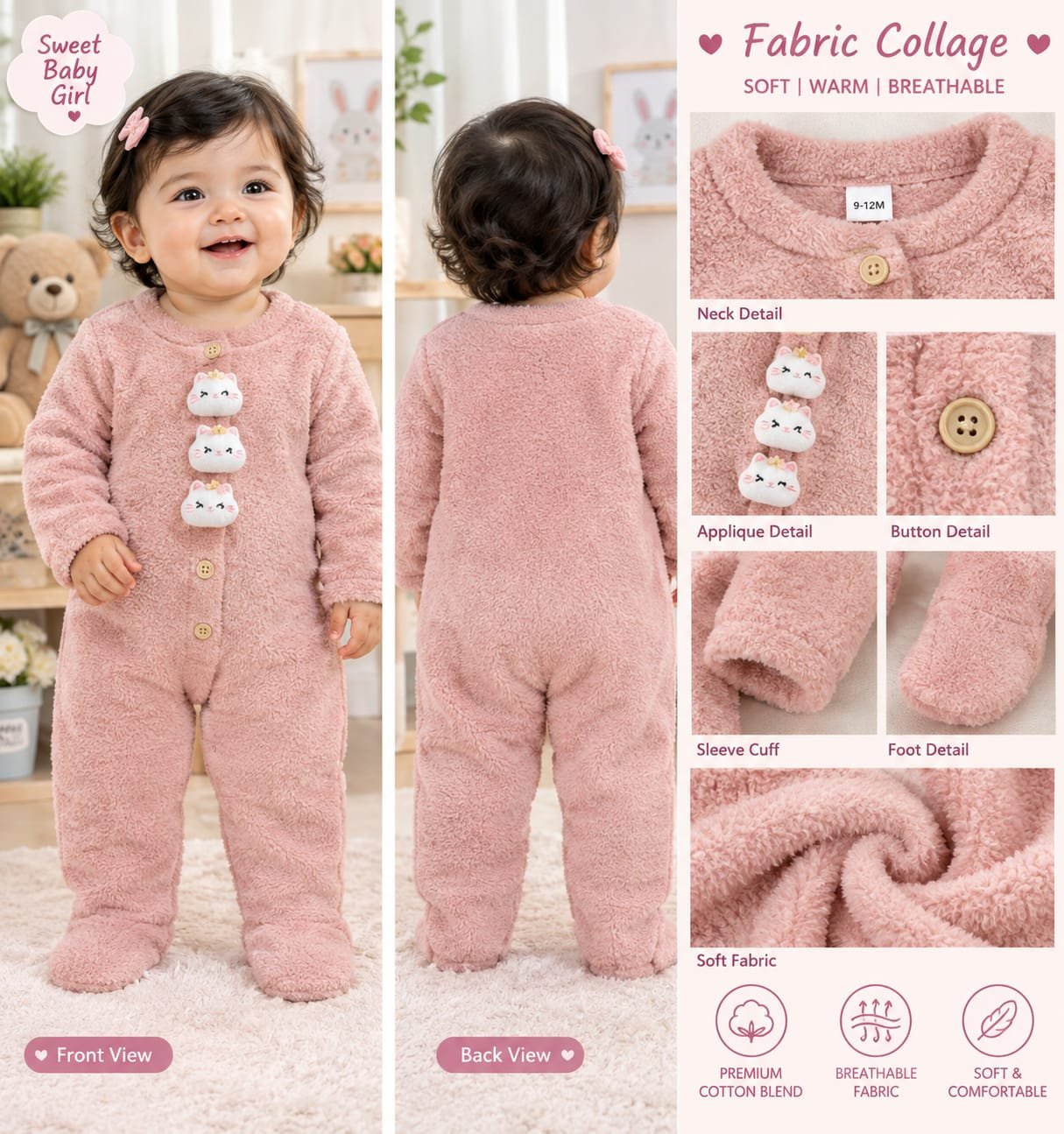 3747a701-450b-40a9-8bd7-d8fb5047ea35.jpeg Baby Girls’ Teddy Fleece Winter Romper / Sleepsuit - Image 1