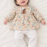 Pastel Floral Bear Print Frill Top with White Pants Set for Baby Girls