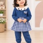 Girls Premium Blue Pre-Winter 3-Piece Co-Ord Set with Checked Frock & Matching Jogger