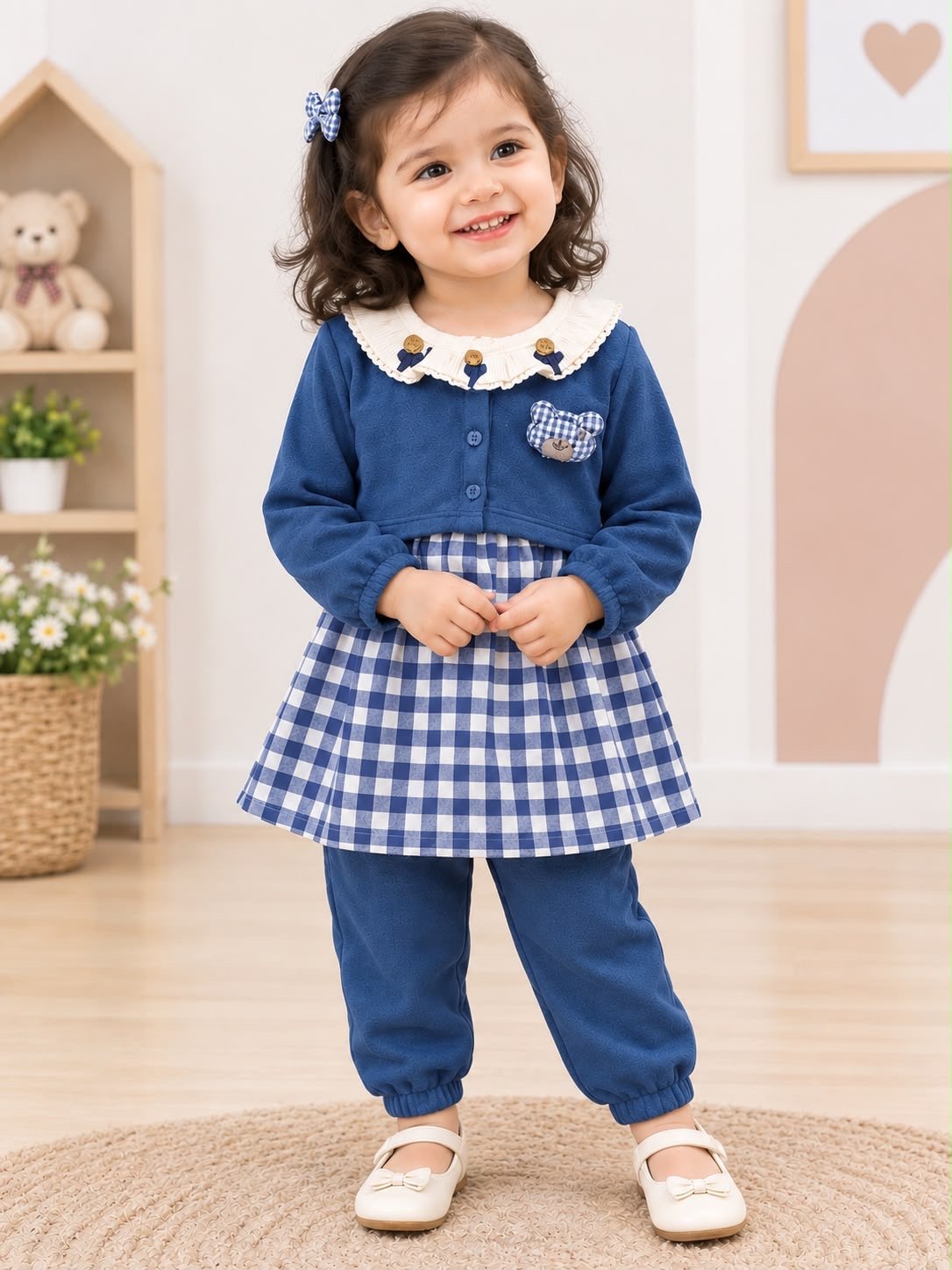 70970d76-24f5-42a7-b5db-aaae5025bcf2.jpeg Girls Premium Blue Pre-Winter 3-Piece Co-Ord Set with Checked Frock & Matching Jogger - Image 1