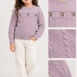 Girls' Lavender Cable Knit Winter Sweater with Bow Detailing