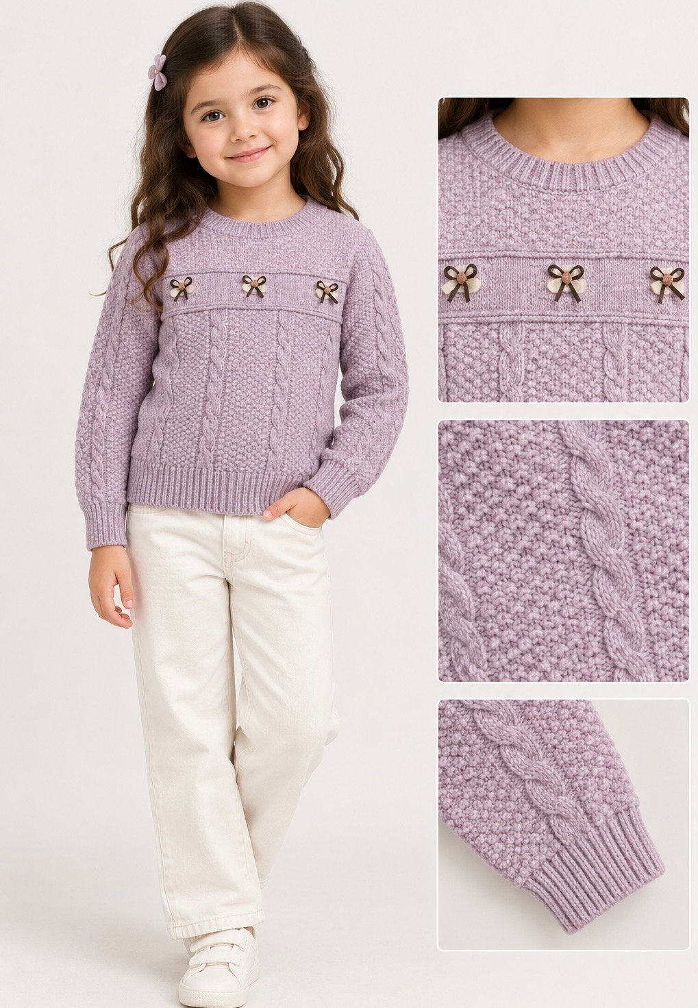 B7F5FF64-ACBA-408B-93BD-D7AE30582861.jpeg Girls' Lavender Cable Knit Winter Sweater with Bow Detailing - Image 1
