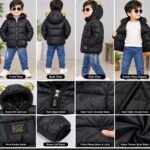 Kids' Black Puffer Hooded Jacket with Golden Ears