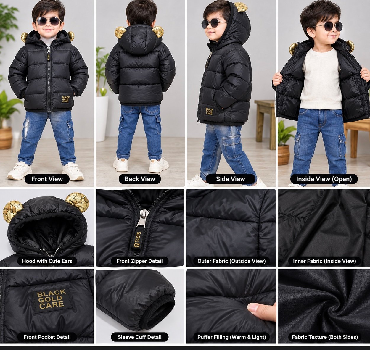 C78E95A2-0F57-42A9-B06D-60F3CB0398F2.jpeg Kids' Black Puffer Hooded Jacket with Golden Ears - Image 1