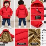 Kids' Red Puffer Hooded Jacket with Golden Ears