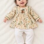 Cute Forest Animal Printed Baby Girl Dress with White Leggings