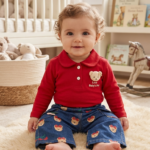 Red Teddy Bear Polo Top with Printed Denim Pants Set for Baby